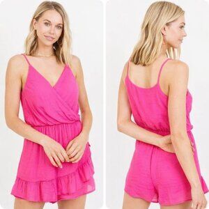 Altar’d State Hot Pink Faux Wrap Romper – Size XS (NWT), Ruffle hem